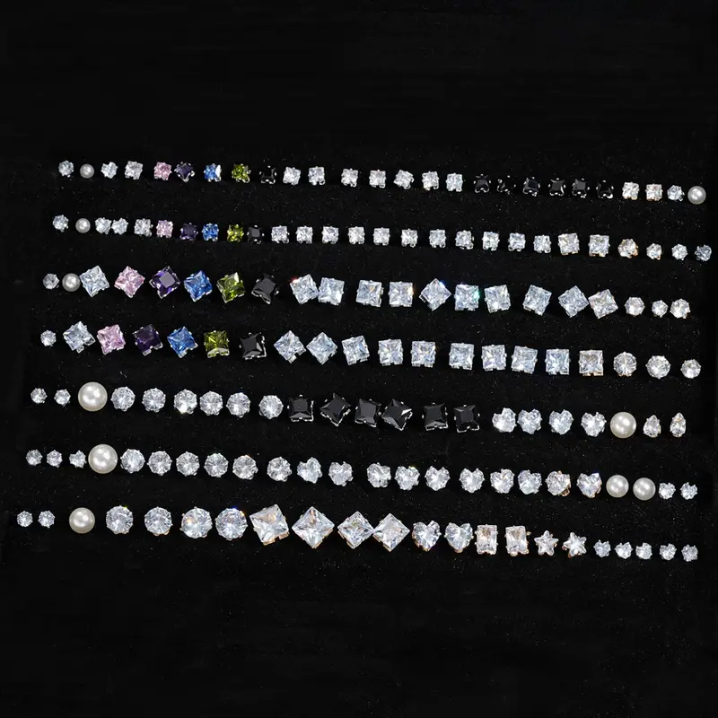 81/90 Pairs Unisex Ear Studs, Elegant Geometric Heart Square Artificial Zircon, Casual Daily Wear, Gift for Dates Birthdays Weddings, Ear Jewelry