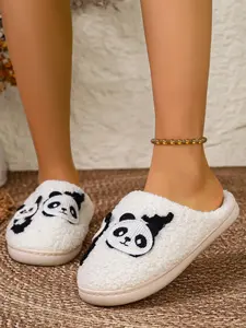 New Fashion Panda Patch Plush Slippers, Soft Warm Cotton Slippers, Cute Home Lazy Shoes for Women, Comfortable and Cozy
