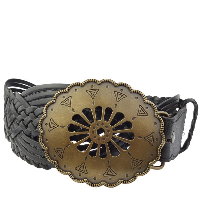 Hand Braided Leather Belt with Navajo-Style Floral Buckle