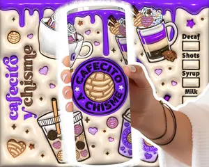 3D Inflated Cafecito Tumbler, Featuring the Adorable 'Cafecito y Chisme' Design, 3D Pan Dulce Tumbler, Great for Mexican Gifts, Puffy Coffee Tumbler for Coffee Lovers and Conchas Mexicanas Enthusiasts