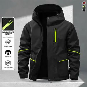 Men's casual fashion hooded multi-functional jacket, lightweight windproof fabric, with fluorescent green zipper, line design, suitable for daily commuting, outdoor travel, mountaineering and hiking, night travel, a must for spring and summer wear