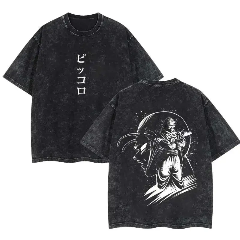 Retro Washed Cotton T-Shirt Anime Vintage Piccolo Graphic T-Shirt Dragon Ball Cotton Tee Unisex Crewneck Short Sleeve S-4XL-5XL Shirt Streetwear Style for Men & Women, Casual Manga Top Perfect Gift for Anime Fans