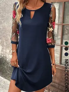 Women's Casual Elegant Floral Embroidered Half Sleeve Hollow Out Neck Fitted Dress, Perfect for Spring Summer, Stylish and Comfortable