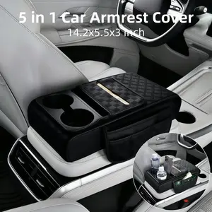 5 in 1 Car Center Console Armrest Cover Pillow, 14.2" x 5.5" x 3" Leather Memory Foam Armrest Box Cover Waterproof Arm Rest Protector Cushion with Cup Holder & Phone Key Ticket Holder & Tissue Box , Car Interior Accessories for Stowing & Tidying Universal