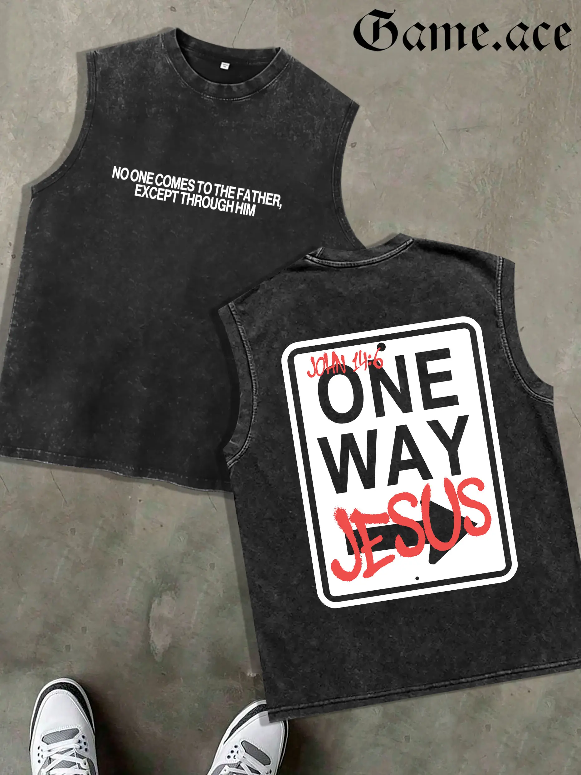 1 PCS Retro Washed Black Vest, Front Bible Verse Text Print + Back "ONE WAY JESUS" John 14:6 Sign Graphic, Christian Streetwear Style, 100% Cotton Unisex Oversized Tank, Streetwear Meetups, Great Gift for Faith Believers, GAME.ACE