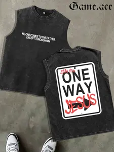 1 PCS Retro Washed Black Vest, Front Bible Verse Text Print + Back "ONE WAY JESUS" John 14:6 Sign Graphic, Christian Streetwear Style, 100% Cotton Unisex Oversized Tank, Streetwear Meetups, Great Gift for Faith Believers, GAME.ACE