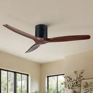 52 Inch Natural Wood Tone Ceiling Fan Light, Classic 5-Blade Round Integrated Ceiling Fan, Silent DC Motor High Airflow Reversible Fan with Remote Timer, Sloped Ceiling Compatible Multi-scene Indoor Covered Outdoor Solid Wood Fan