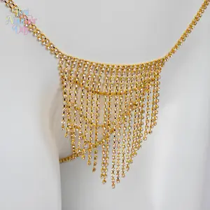 Bohemian Rhinestone Fringe Waist Chain Gold-Tone Sparkly Body Chain with Tassel Design Perfect for Beachwear, Festival Outfits and Nightclub Looks