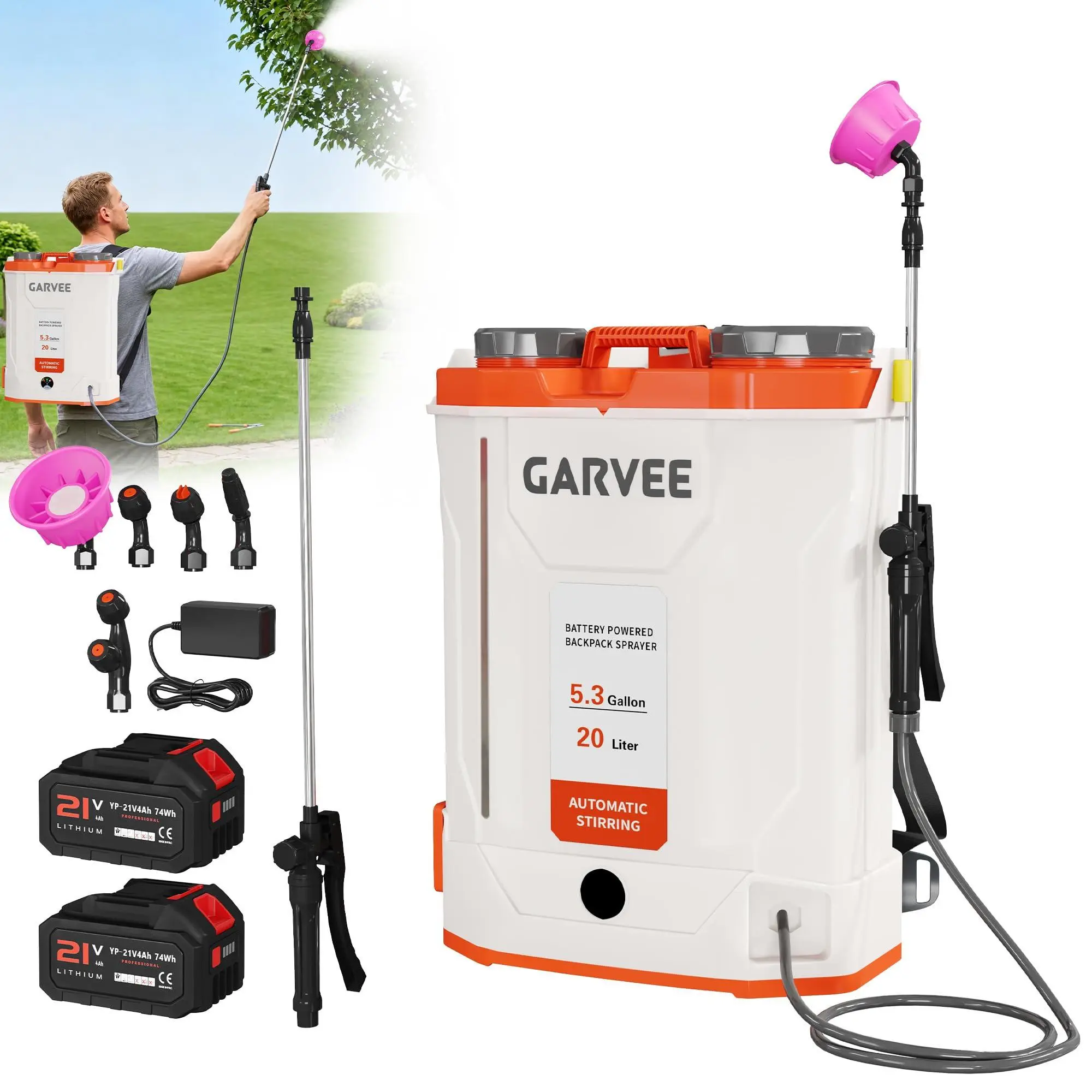 Battery Powered Backpack Sprayer 5.3 Gallon | 2*21V 4 Ah Electric Weed Sprayer with Mixing System,Yard Garden Sprayer with Telescopic Wand &,5 Nozzles for Lawn,Garden,Yard