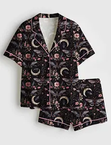 Night Garden Mystical Moth Magic Witchy Floral Satin Pajama Set, Halloween Magic Witchy Floral Pajama Sleepwear, Nighwear Set for Her #pajamas
