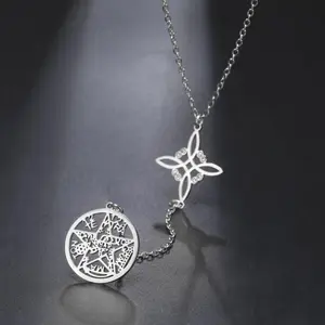 Double Amulet Protection Necklace witch Knot Pentagram Tetragrammaton Stainless Steel Protection Jewerly