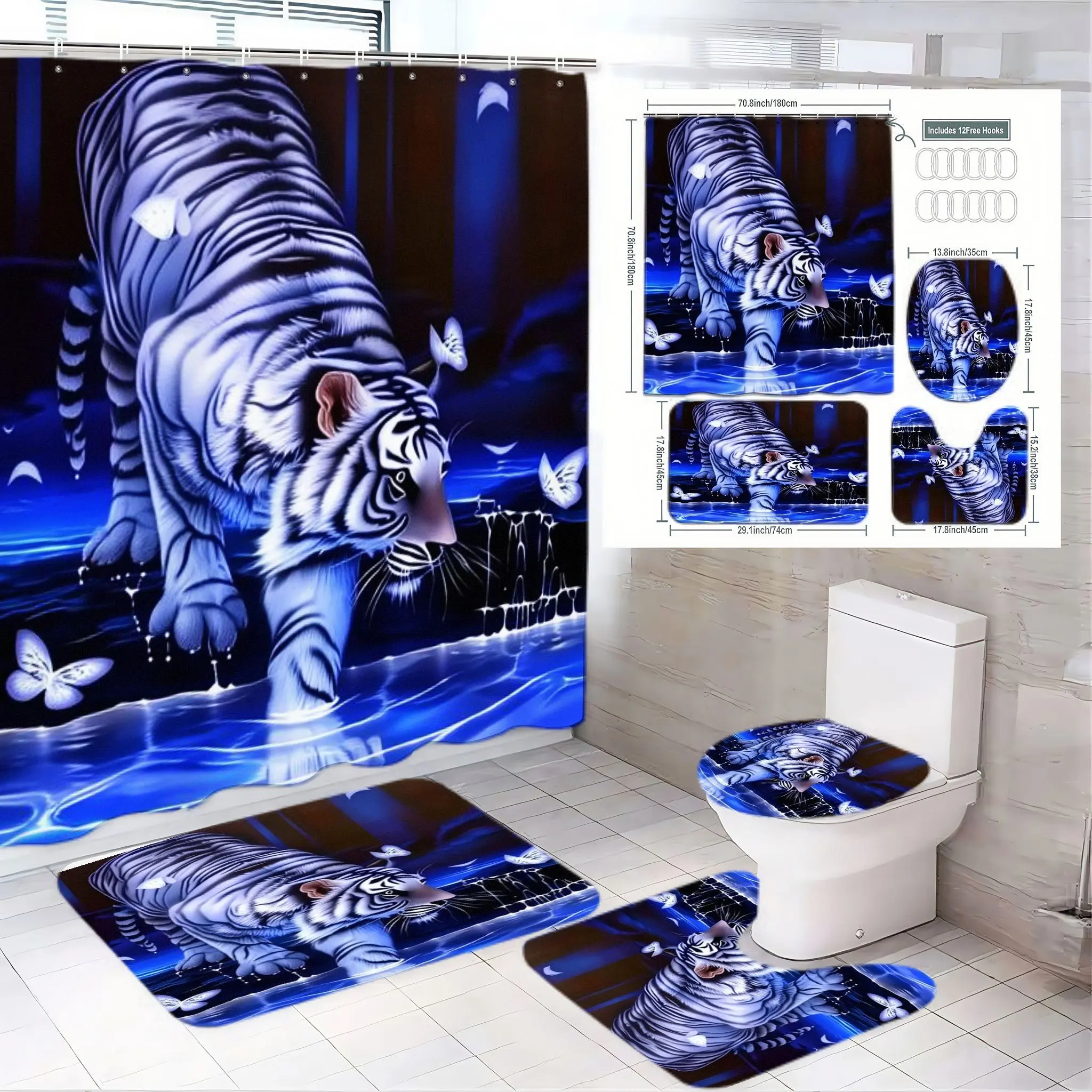 4pcs Majestic Tiger Bathroom Set, Blue & Aesthetic, Shower Curtain Sets, Shower Essentials, Includes Shower Curtain, Toilet Seat Cover, Bath Mats, The floor mat fabric is thicker and softer! Ideal for Home Decor Enthusiasts