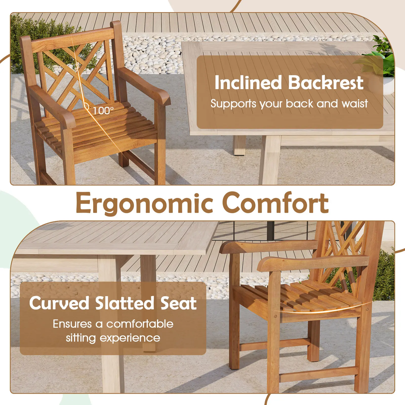 COSTWAY - Teak Wood Patio Dining Chair with Slatted Seat Cross-Rhombus Backrest and Solid Legs