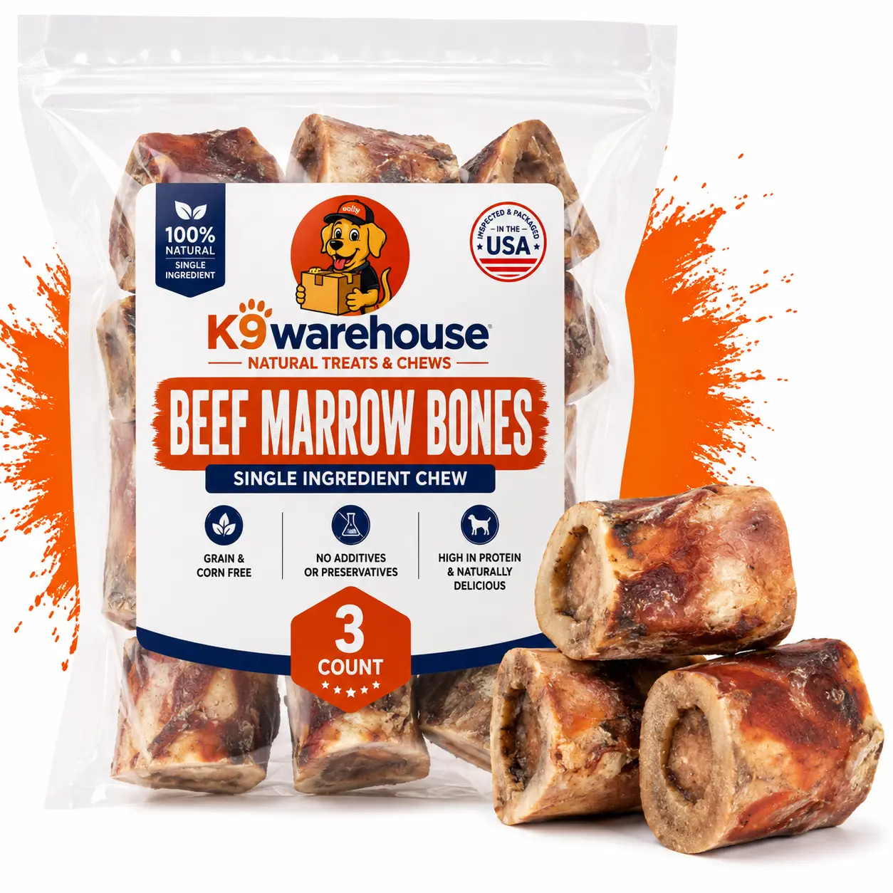 K9warehouse Marrow Beef Dog Bones - 3 pack - 3 inch - Made in USA - For Small, Medium and Large Dogs - All Natural Treats, Hand Picked, Supports Dental Health