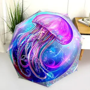 1 PC Automatic Folding Umbrella - Fantasy Jellyfish Artwork Pattern, Portable & Foldable Design with 8 Ribs, Merry Christmas Pattern,Casual Outdoor Accessory Halloween and Christmas Birthday Gifts. H00189