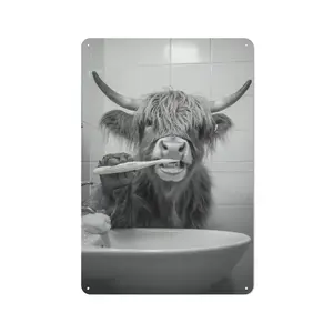 Retro Highland Cow Bathroom Metal Poster | Whimsical Farm Animal Wall Decor | Perfect for Bathrooms & Powder Rooms
