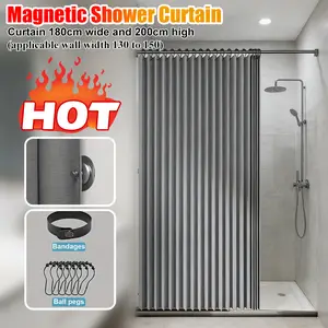 Magnetic Folding Shower Curtains with 14 Hooks Shower Fabric Polyester Waterproof Shower Curtains Privacy Bathroom Divider Modern Suitable for Family Hotel Homestay Bathroom 1 Panel