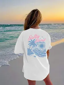 Plus Size - Ladies' Casual Loose T-shirt - Featuring A Salty Soul Beach Sunset Pattern, White And Pink Letters With Blue And Brown Palm Tree Design, Round Neck For Comfort, Machine Washable All-season Top, Summer Beach Letter Pattern