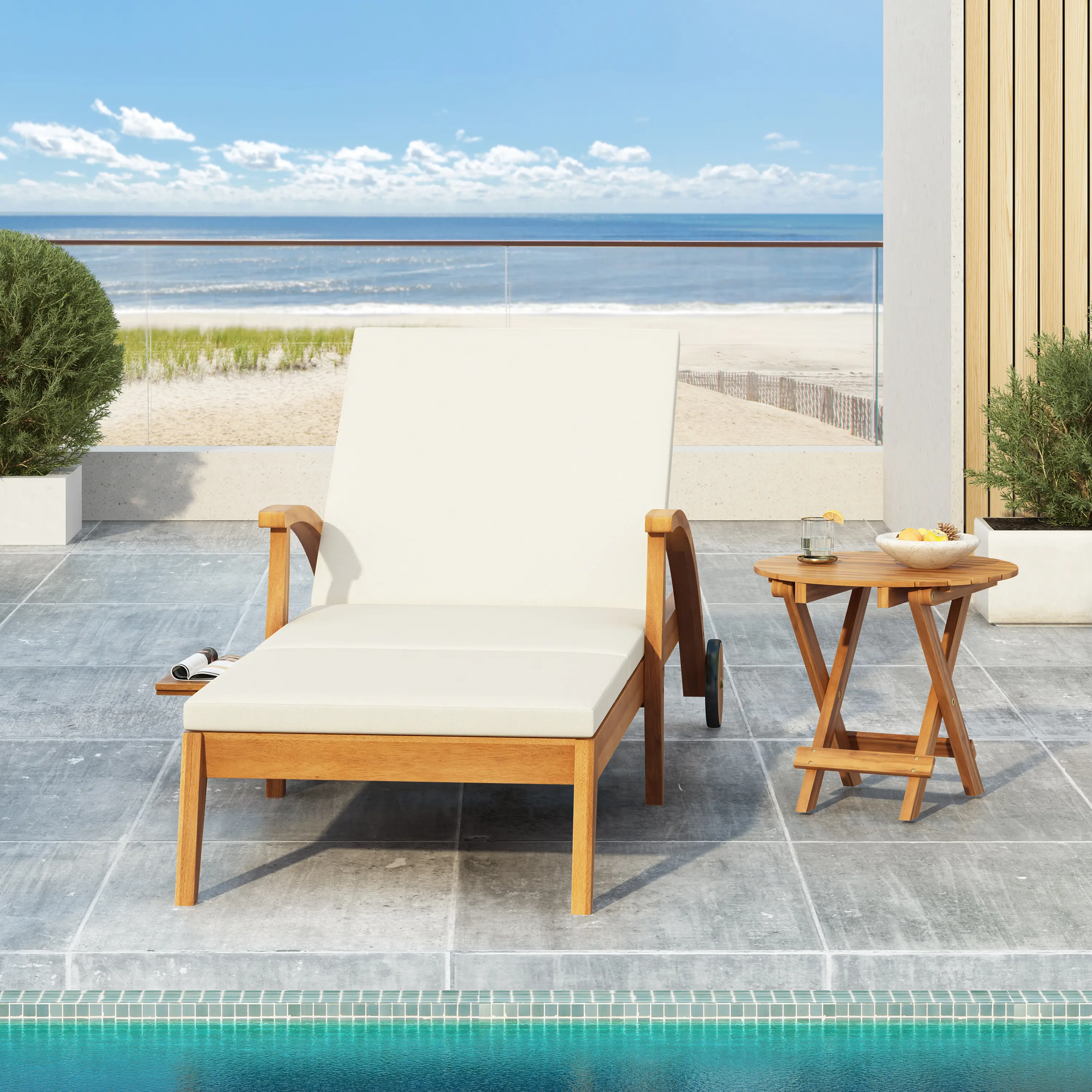 Outdoor Recliner Side Table Set with 2-Inch Cushion, Adjustable Backrest Chaise Lounge with Wheels, Foldable Acacia Wood Side Table for Poolside Patio Porch, 2-Piece Set, Living Room Table for Sofa Side, Bedroom, Office, Apartment and Home Decor