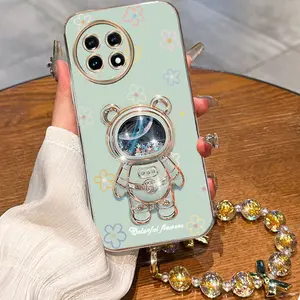 Oneplus11r Popular Series Golden Jewelry Strap Lanyard Phone Holder Case For Compatible With Oneplus 11R Plating Cover and Impact Resistant Colorful Lucky Wreath Bear Protector Cases