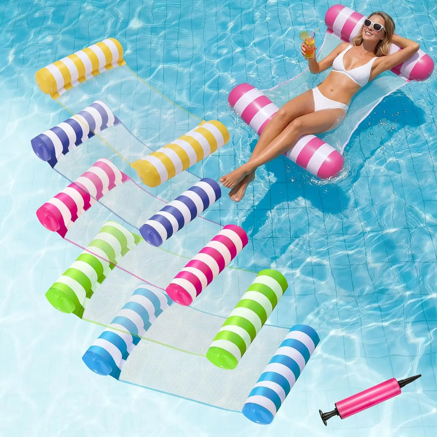 Heavy Duty Unisex 4-in-1 Inflatable Water Hammock Lounger - Polyvinyl Chloride Adult-Size Self-Floating Pool Float (15+ Years), 45.3"l x 27.6"w, 1.9 lbs, for Swimming Pool Summer Fun