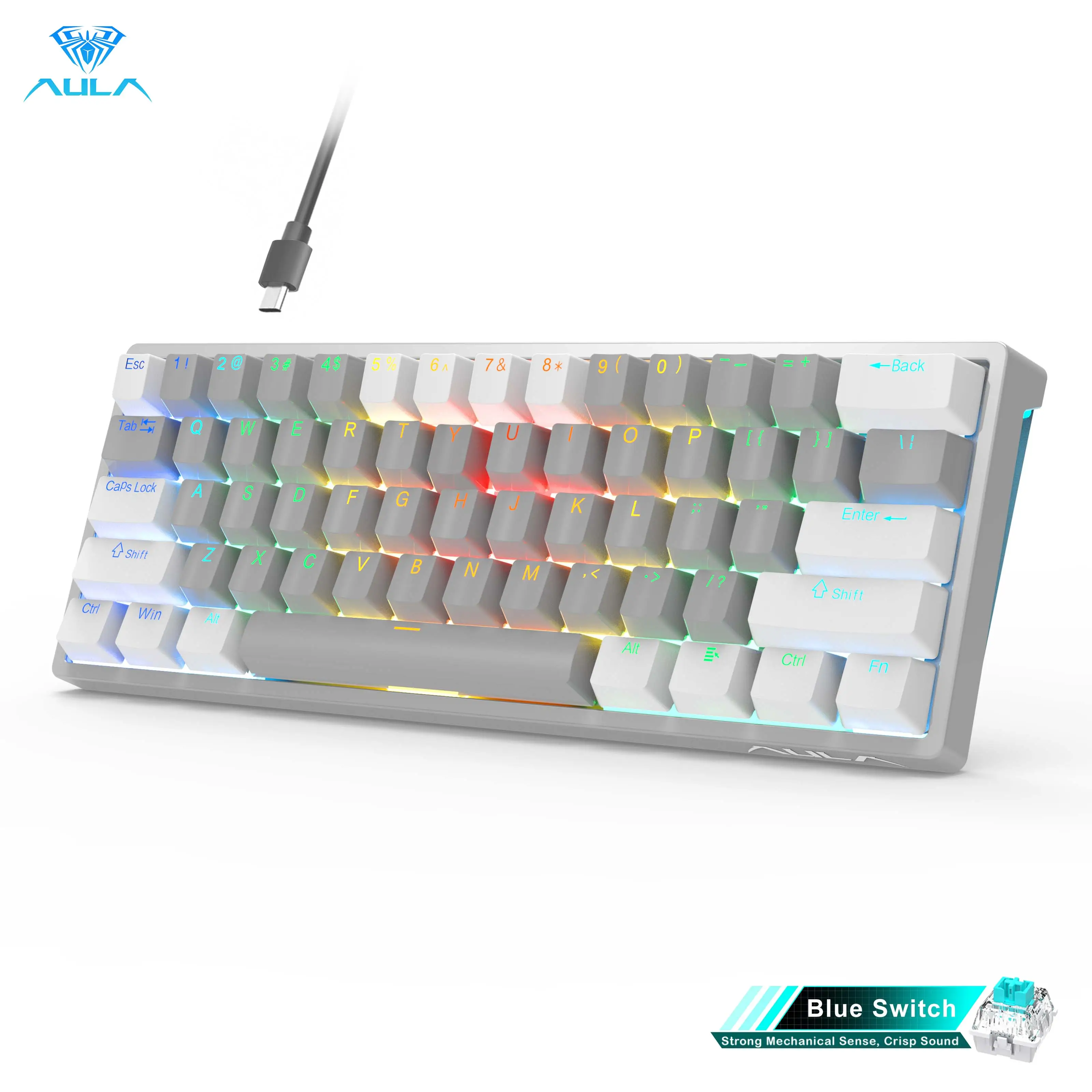 AULA F3261 60 Percent Wired Blue Switch Mechanical Gaming Keyboard, 29 RGB Backlight, Hot Swappable, Mini Small Compact, Office Gaming Rainbow Backlit