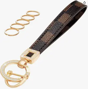 Leather Wristlet Keychain,Wrist Keychain Car Key Chain with 5 Key Ring and Anti-Lost D Ring (Brown Grid)