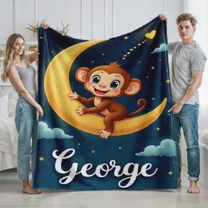 Cute Monkey on Moon Blanket Personalized Name Custom Throw Blanket for Bedroom Living Room Decor Boys and Girls Gift Idea for Baby Shower Christmas Birthday Present Perfect for Kids Room Cozy Warm Soft Material, Lightweight Blanket