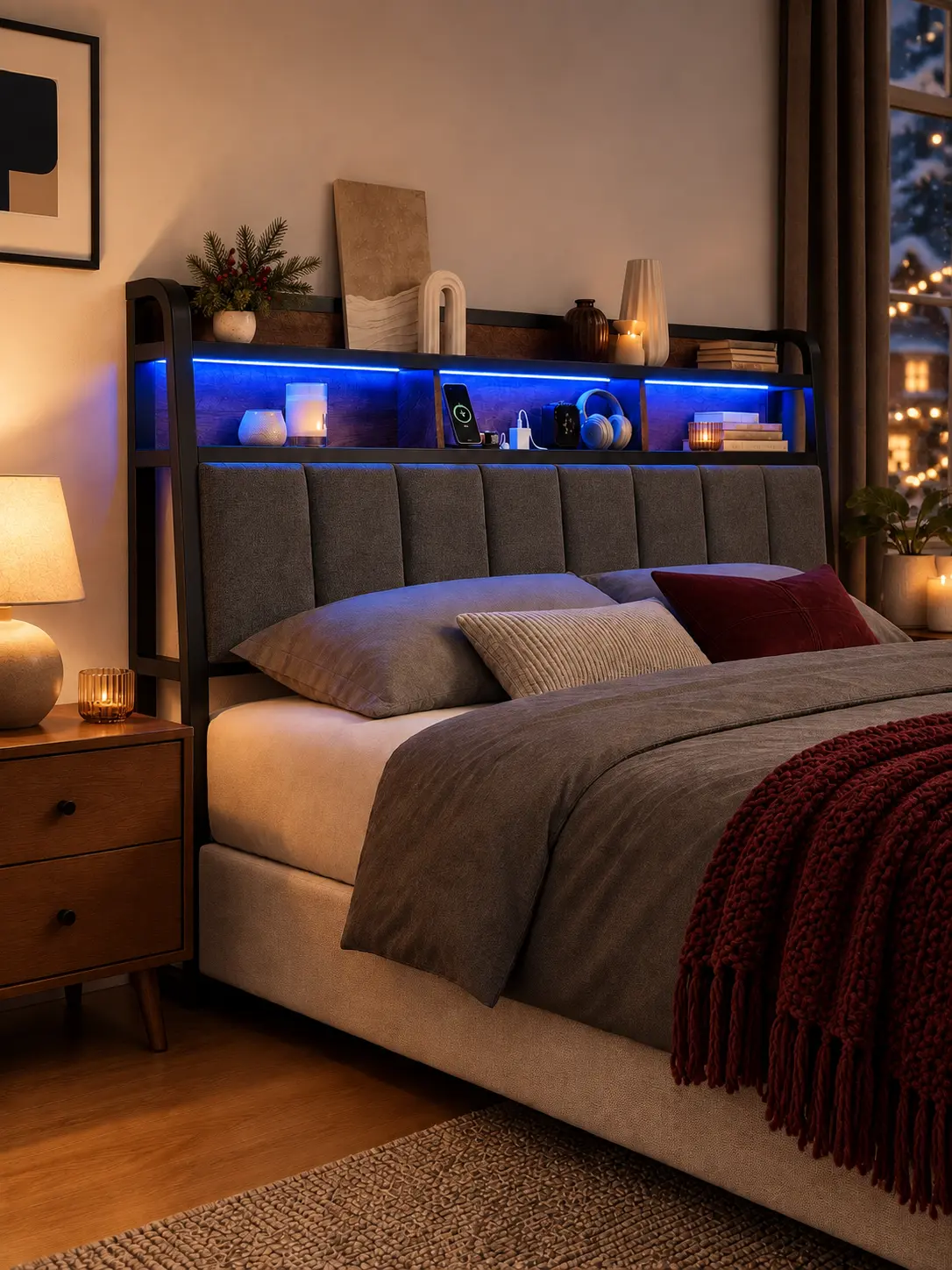 【TiktokShopStockUp】ONBRILL Ergonomic Upholstered Headboard - Queen/King Size, 2-Tier Storage, LED Lit, USB Ports, Height Adjustable, Sturdy, Modern Bed Frame Furniture (Headboard Only), Led Lit Headboard