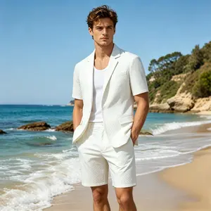 Men's Short-Sleeve Textured Suit 2-Piece Set, Blazer & Shorts, White Black Gray
