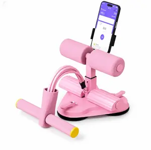 Pink Sit-Up Assistant Trainer with Resistance Bands, Phone Holder and Suction Cup - Home Ab Training Fitness Equipment, Back Extension Machine