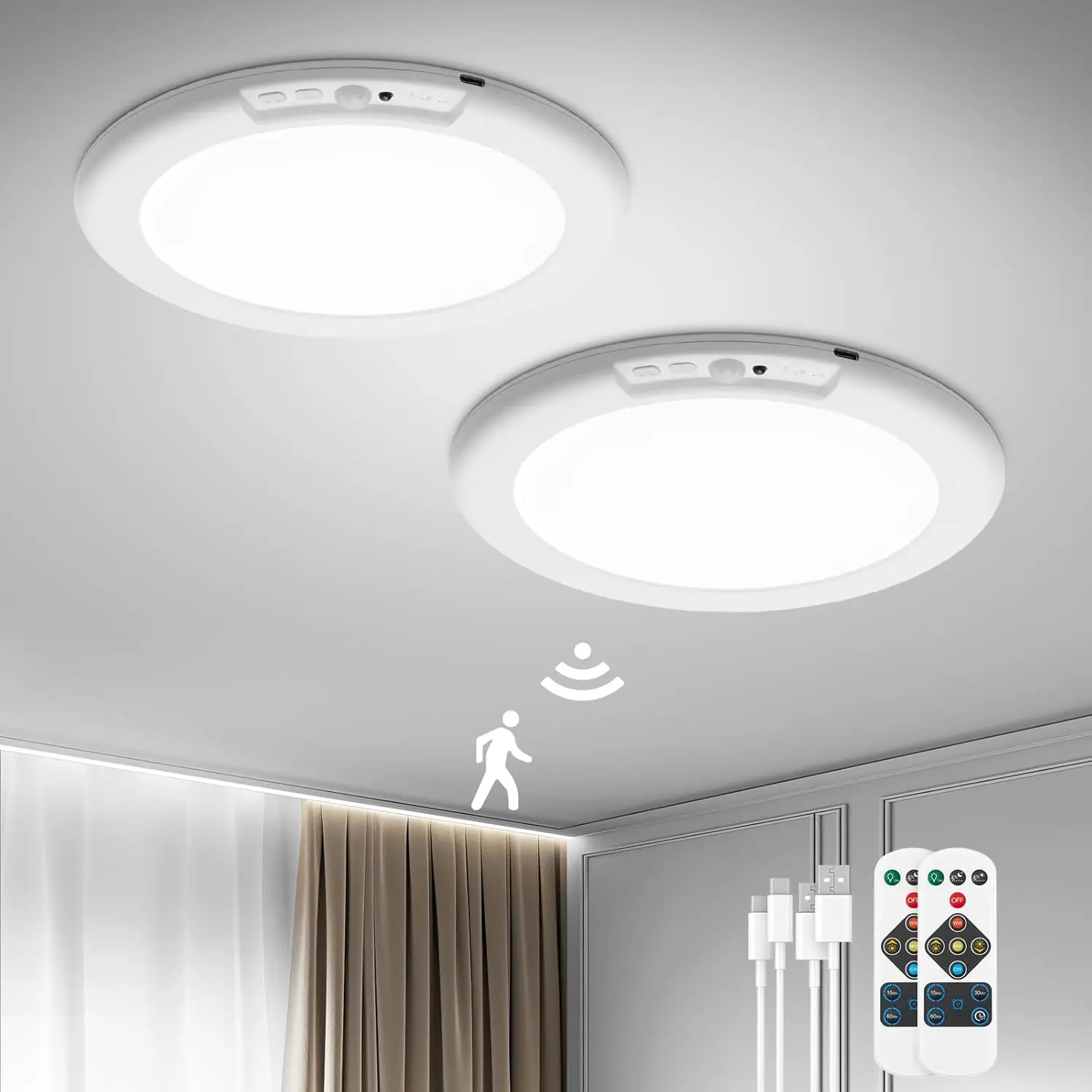 2pc Rechargeable Wireless Waterproof Ceiling Lights - 3CCT Dimmable Magnetic Motion Sensor Battery-Operated Lights for Shower, Closet, Pantry (No Wiring, Home Improvement Indoor Lighting)