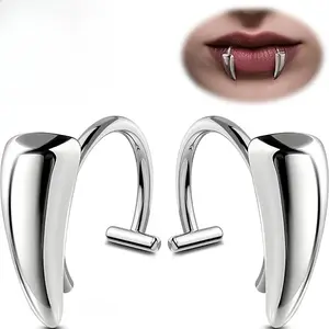 2Pairs Fake Lip Ring, Vampire Fangs Lip Jewelry, Non-Piercing Adjustable Fashion Halloween Jewelry for Men and Women