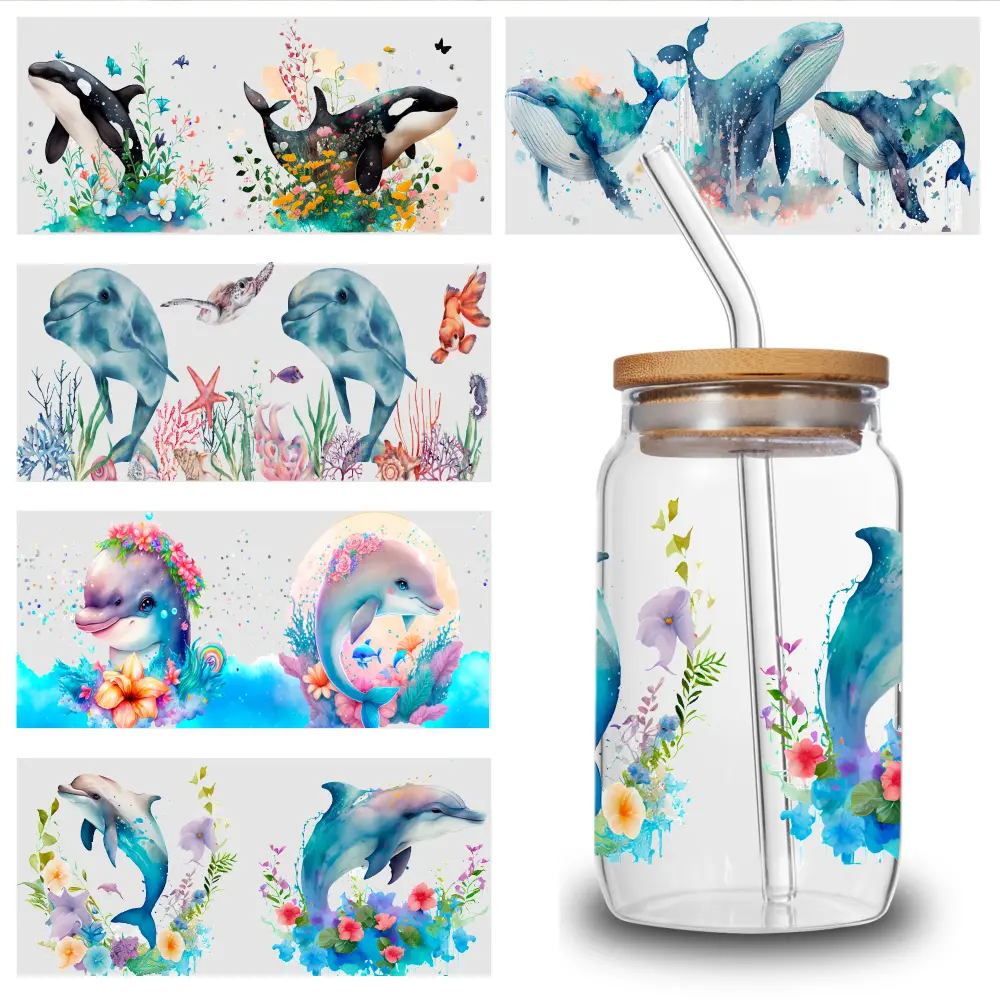 5 Sheets Dolphin Artwork UV DTF Stickers UV DTF Transfer Stickers for Glass Cups DIY Water Bottle Glass Waterproof Rub on Transfers for 16 oz Tumbler Suitable for 16 oz Glass