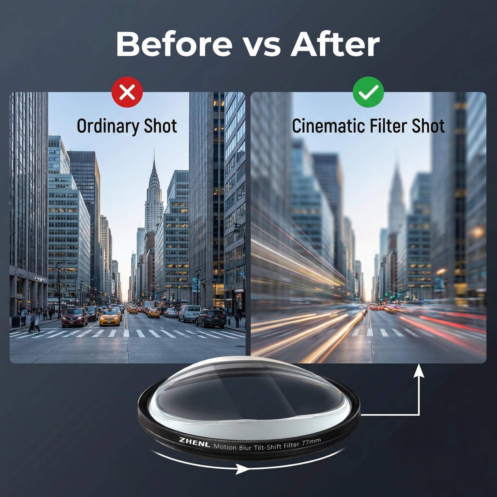 ZHENL 58-82mm Linear Prism Filter, 360° Rotating Tilt-Shift & Motion Blur Effect, Cinematic Special Effects Lens Filter for Mirrorless DSLR Portrait & Street Photography, No Post-Editing Needed