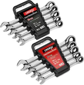 10Pcs Ratcheting Wrench Set SAE & Metric Ratchet Wrench Set with Rack Organizer, Premium CR-v Steel, 12 Point, 72 Teeth,Box End and Open End Ratcheting Wrench Set,Metric 10-15mm&SAE 3/8''-5/8''