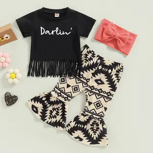 Baby Girls' 3-Piece Round Neck Baby Clothing Gift Set - Summer Letter Print Short-Sleeve Tassel Going Out Top, Casual Flare Pants, Matching Headband (Casual Gift Sets)