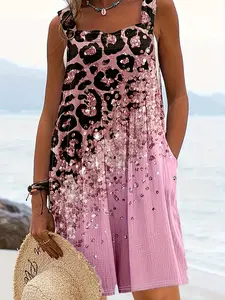Spring Summer Vacation Style Casual Short Romper Jumpsuit Pink Leopard Print Overalls Women