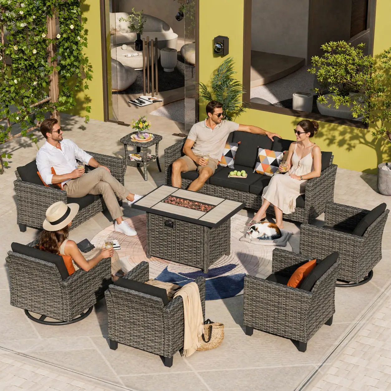 【Summerfinds】Ovios Vultros 8-Piece Outdoor Patio Conversation Set with 42" Fire Pit Table & Swivel Rocking Chairs, All-Weather Wicker Rattan Furniture Set with Cushions for Backyard, Patio, Garden & Balcony