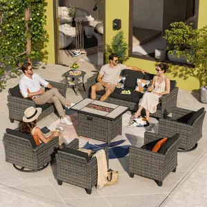 【Mother's Day Gift】OVIOS Vultros 8-Piece Outdoor Patio Conversation Set with 42" Fire Pit Table & Swivel Chairs, All-Weather Wicker Furniture with Cushions for Backyard Patio Garden Balcony Outdoor Seating Furniture