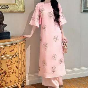 Vietnamese Traditional Dress - Elegant Ao Dai with Floral Embroidery and Short Sleeves for Women