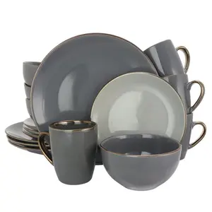 Elama Tahitian Grand 16 Pieces Luxurious Dinnerware Set in Stone, Slate