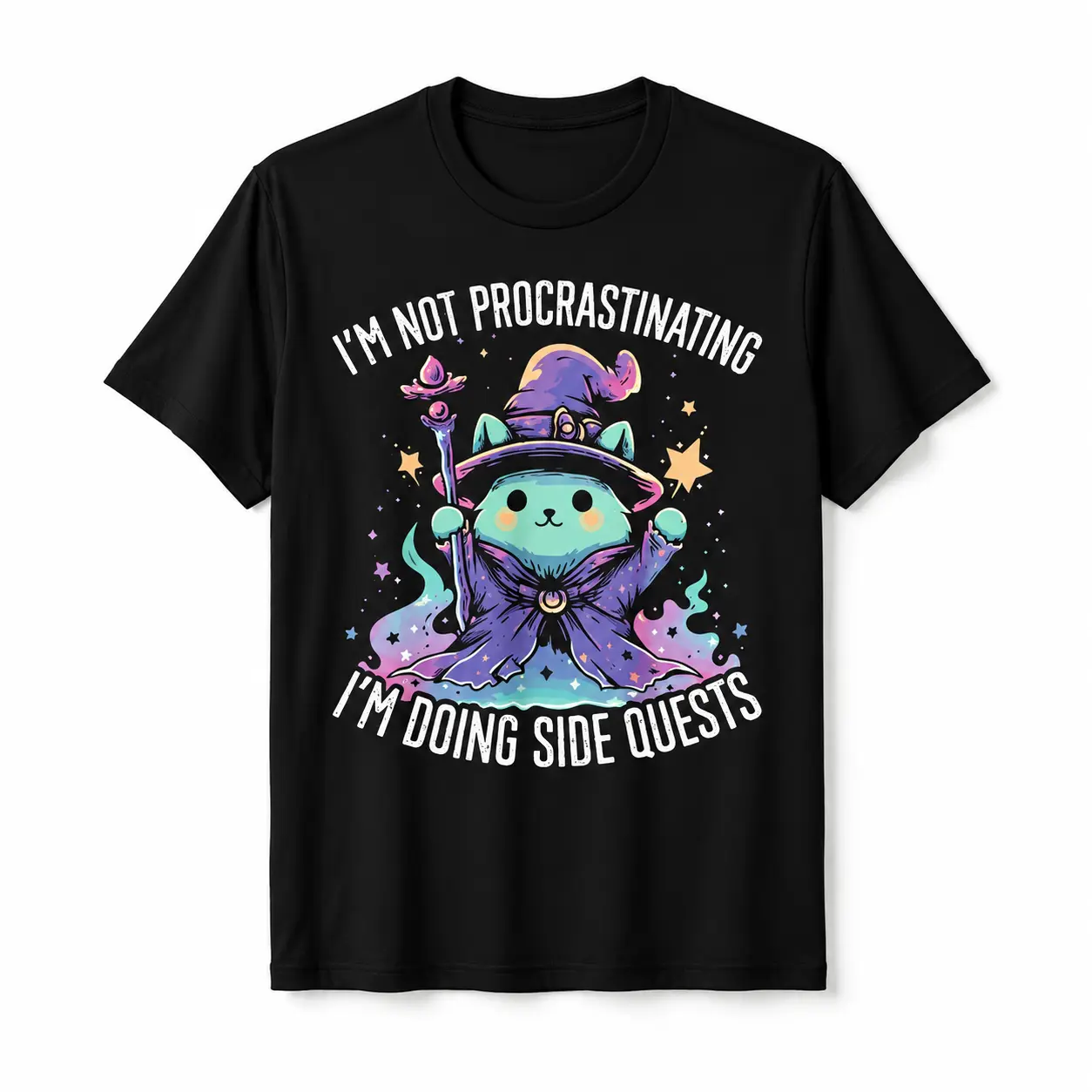 Premium Soft Cotton Unisex Wizard Cat Side Quests Gamer Crew Neck Graphic Print T-Shirt Birthday Gift