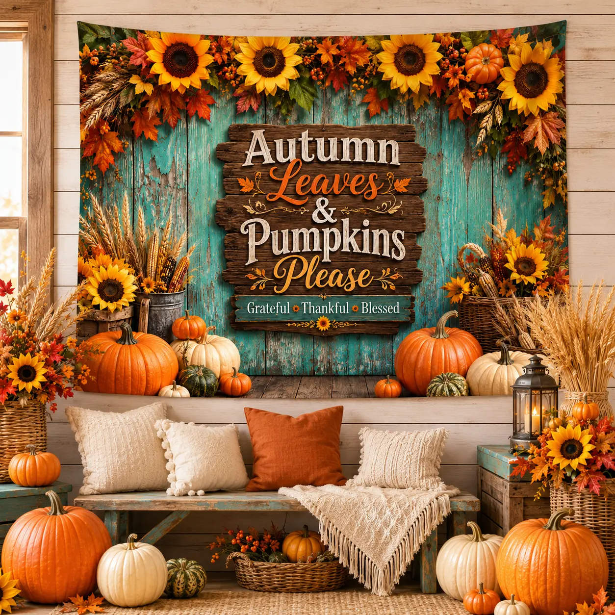 Autumn Sunflower Backdrop, Thanksgiving Harvest Wall Tapestry Decor with Pumpkins and Farmhouse Flowers