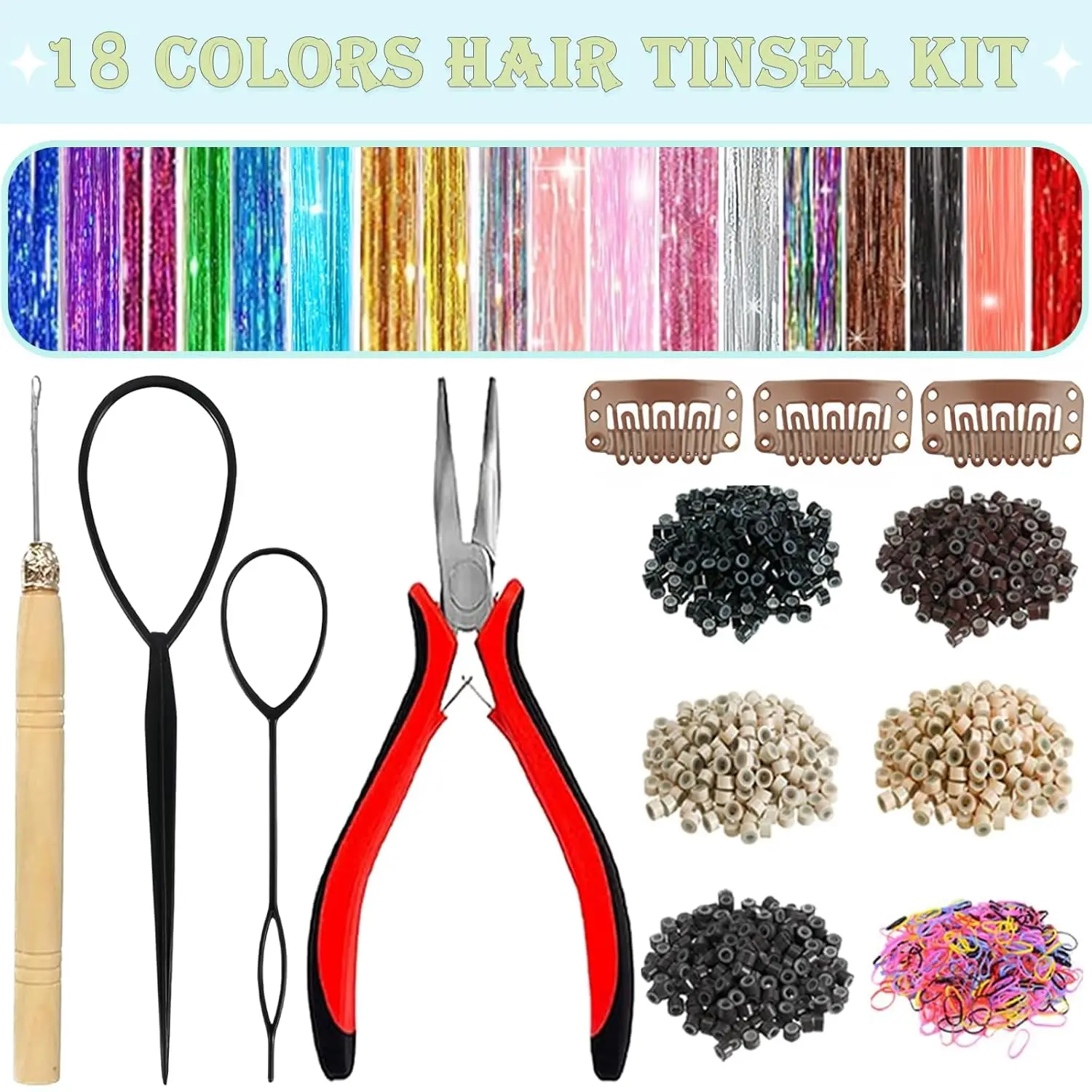 Hair Tinsel Kit, 7600 Strands Fairy Hair Extensions, Holographic Glitter Tinsel Hair Strands, Heat Resistant Clip-In Sparkle Hair for Girls, Women, Parties & Festivals