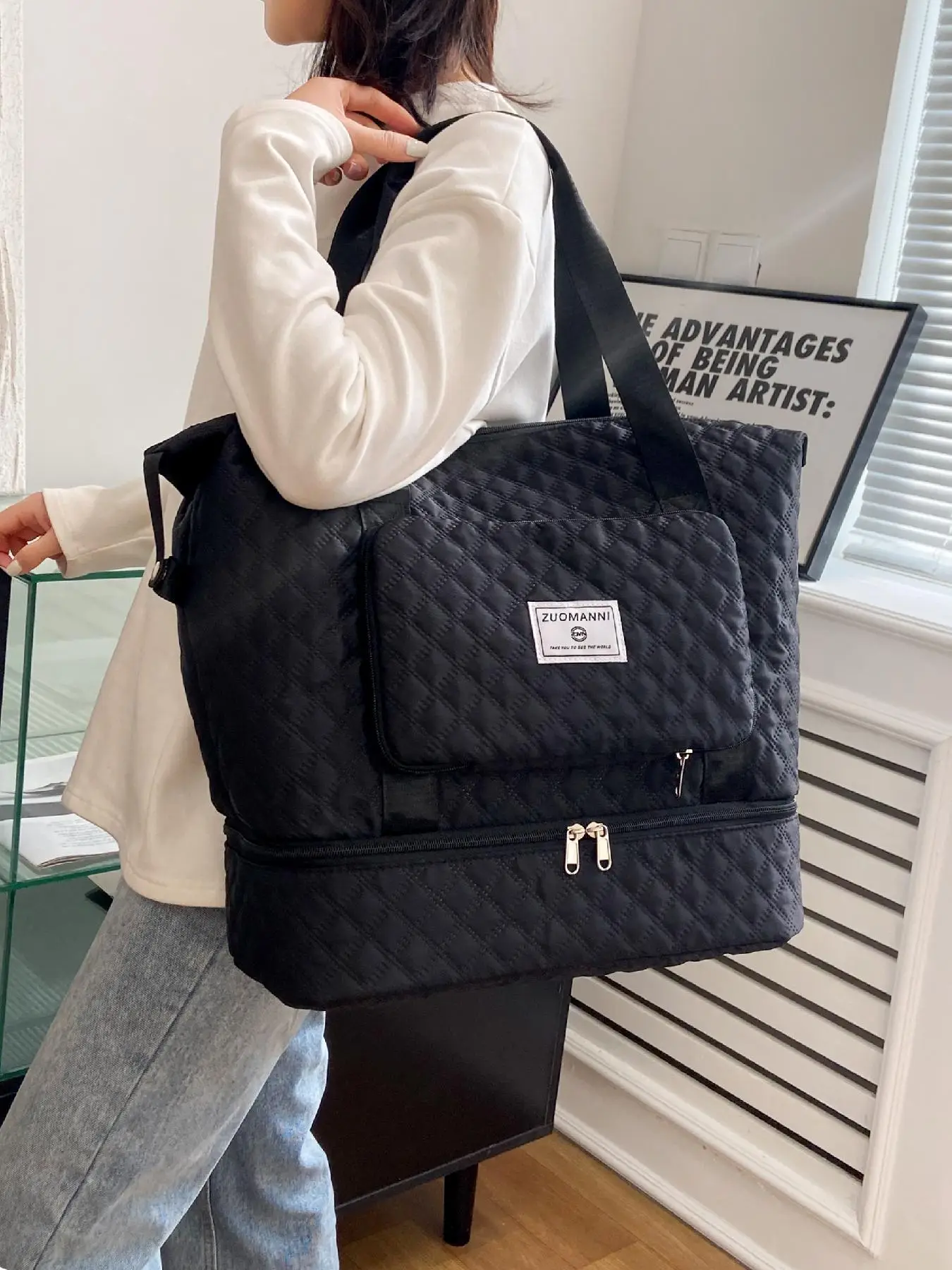 Summer Large Capacity Oxford Cloth Zipper Travel Bag, Dry & Wet Separation Bag for Sports Fitness and Swimming, Independent Shoe Storage Bag, Lightwei