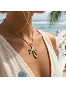 European and American fashion-style, personalized ocean-themed abalone and shell pendants; stainless steel with 18K gold plating; creative coconut tree pendant necklace