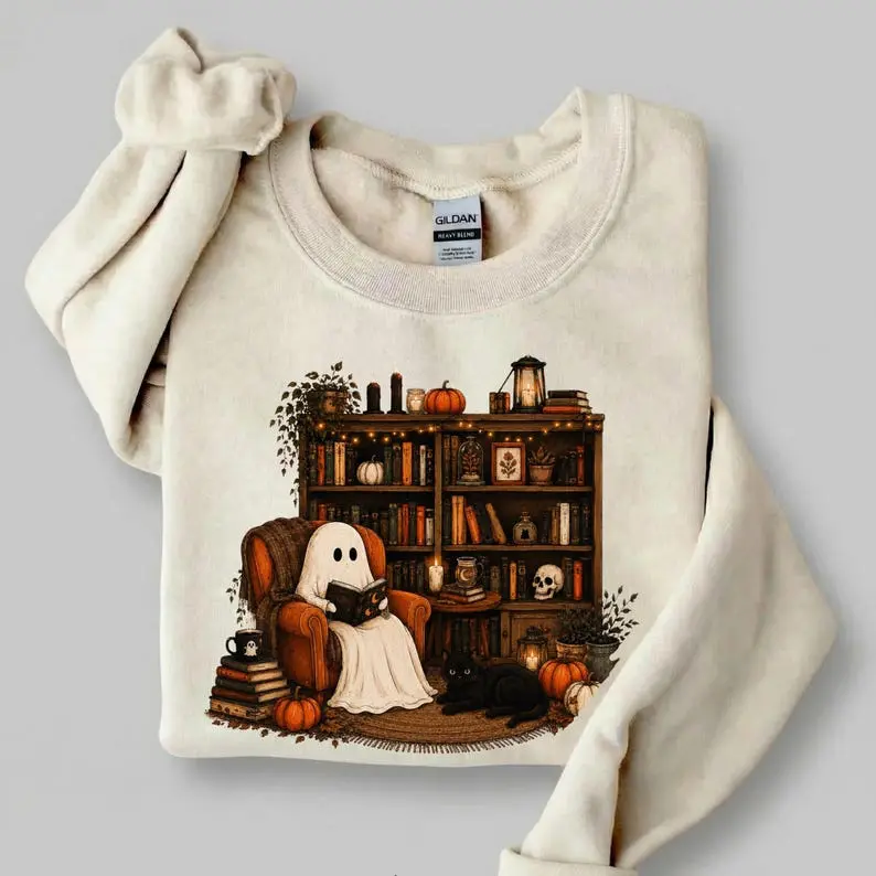 Ghost Reading Sweatshirt, Halloween Book Lover Sweatshirt, Spooky Library Graphic, Ghost Fall Sweater, Librarian Gift, Reader Sweatshirt