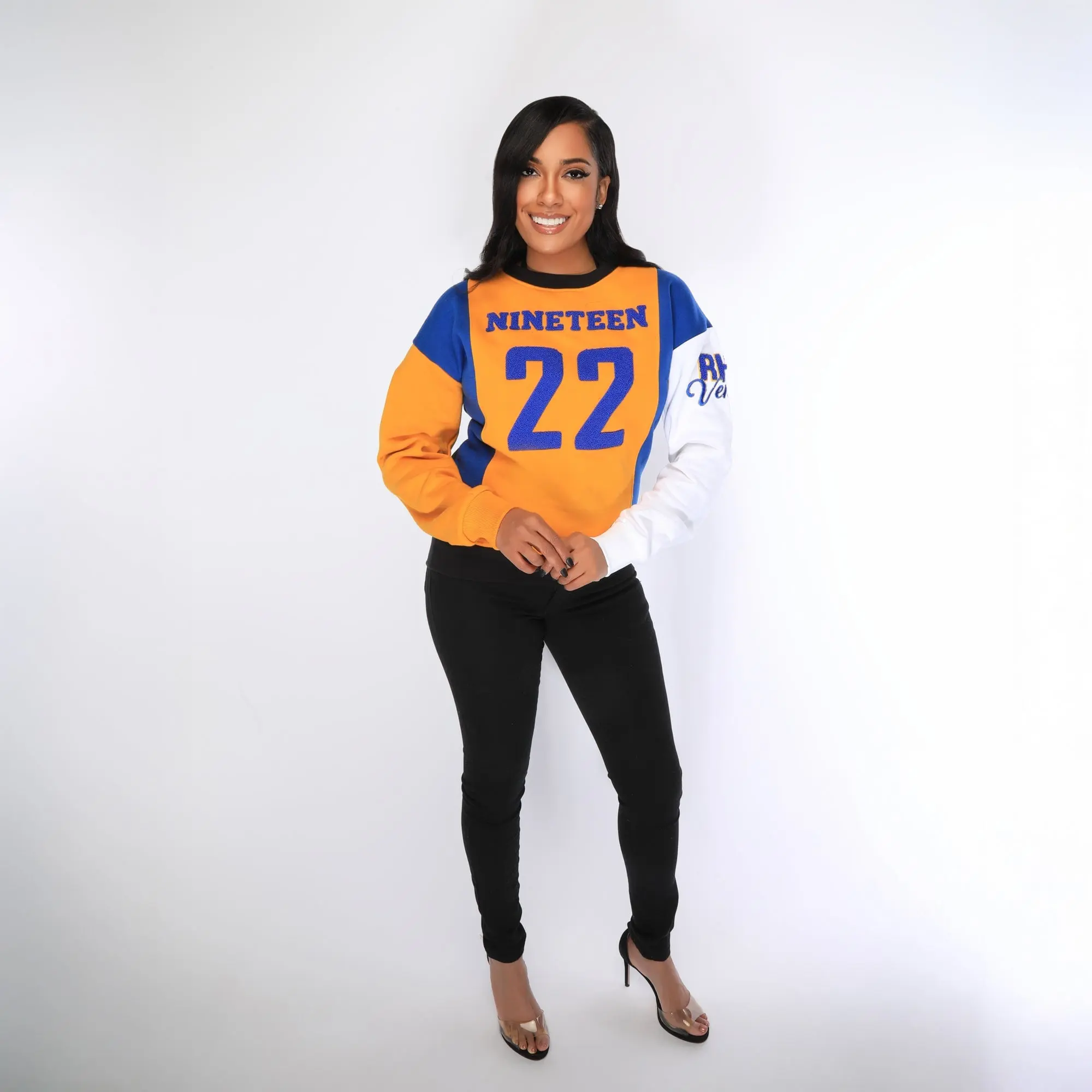 Sigma Gamma Rho Rhovember Nineteen 22 Chenille and Embroidered Sweatshirt (Gold/Blue)