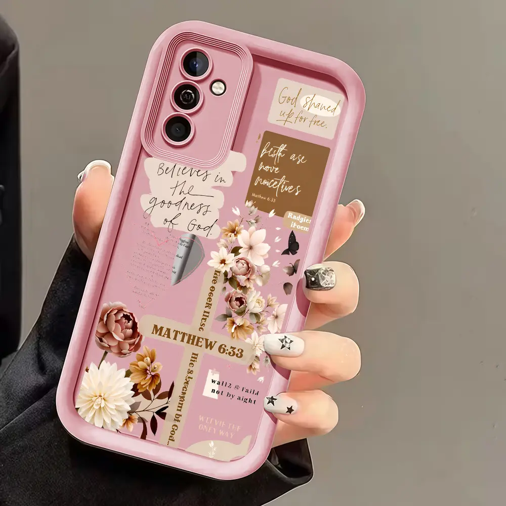 Floral Cross Glass Bible Verse Silicone Phone Case for Samsung Galaxy S26-S24+ S25 S23-S21 Ultra FE Note20 A54-A36 A35-A33 A17-A15 A14-A13, Waterproof Non-Slip Shockproof TPU Cover with Lens Safe Protection, Durable Cute Accessory Gift for Cellphones